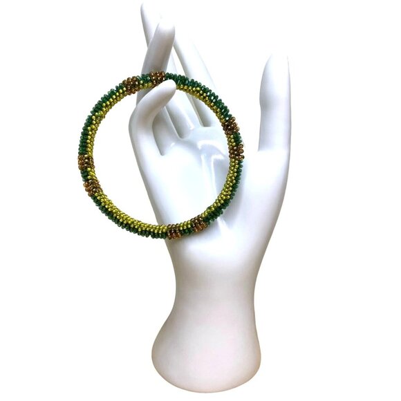 Beaded Green Gold Bangle Bracelet Vintage - Picture 3 of 5